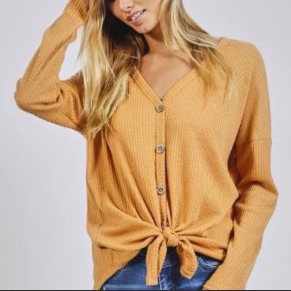 BiBi Mustard Tie Front Waffle Knit Sweater